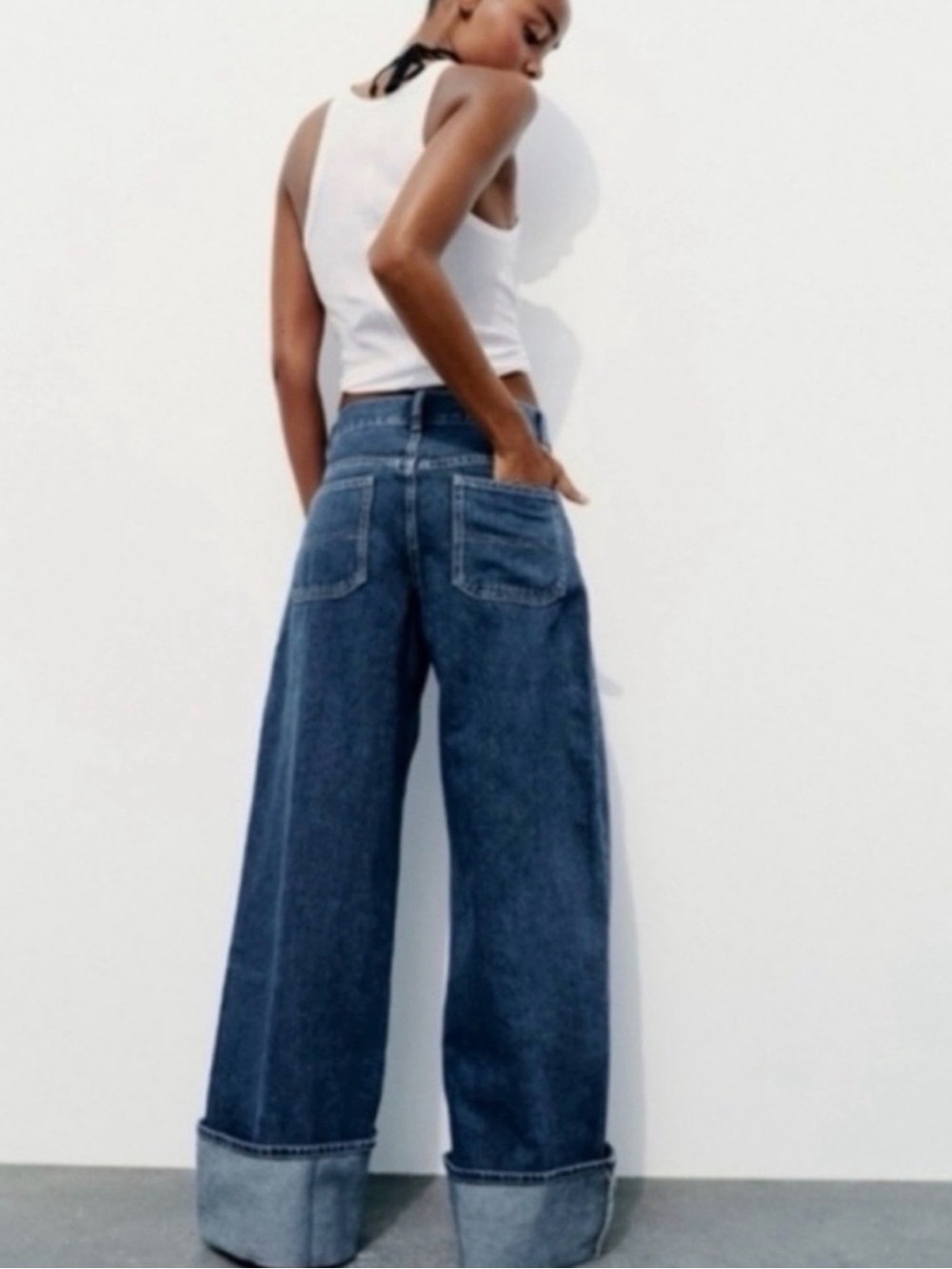 Zara Dark Wash Wide-Leg RAW HEM Cuffed Jeans